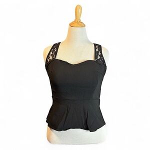 VTG y2k Black Lace Strap Corset Tank Peplum Top XL Alt Goth Sweetheart
